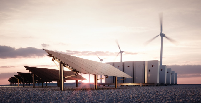 Das Bild zeigt eine moderne Landschaft mit Solar- und Windkraftanlagen, Im Vordergrund stehen große Solarpanele und Energiespeicher. Im Hintergrund sind mehrere Windkraftanlagen sichtbar, deren Rotoren in Bewegung angedeutet werden.