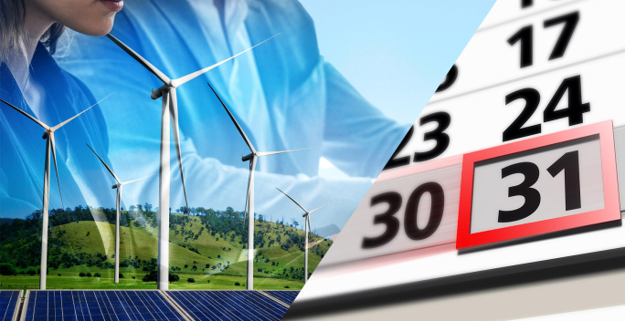 Auf der linken Seite des Bildes befinden sich Windräder und Solarmodule Auf der rechten Seite des Bildes ist ein Kalender angeschnitten, in dem der 31. im Kalender als rot markiert ist.