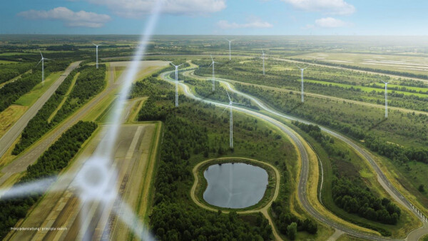 Eine Prinzipdarstellung von Windrädern in einer Landschaft als Luftaufnahme.