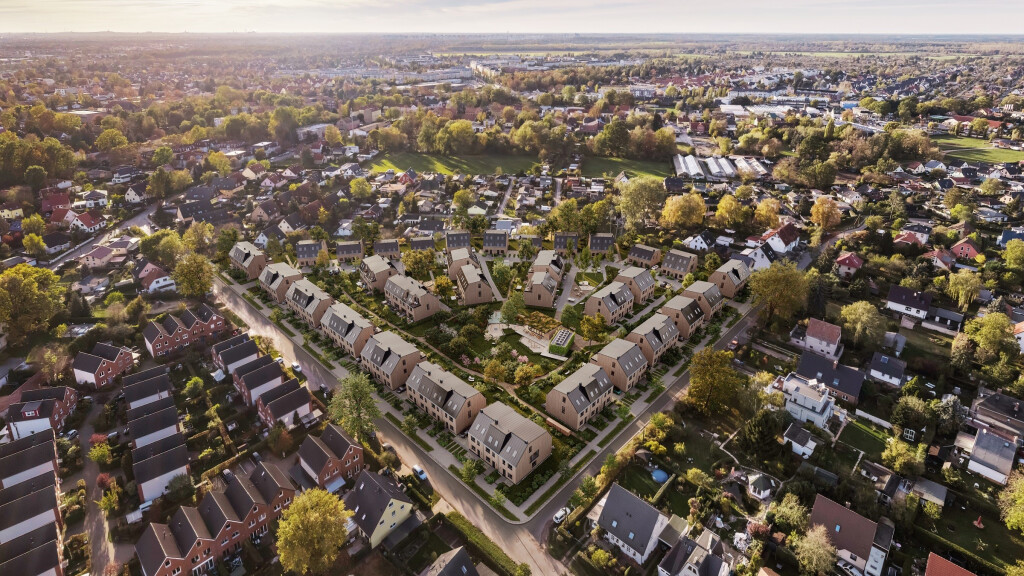 Visualisierung des Öko-Quartiers KOKONI ONE aus der Vogelperspektive.