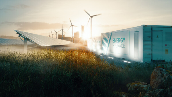 Mehrere Energiespeicher stehen auf einer Fläche mit Freiflächensolaranlagen und Windkraftanlagen im Hintergrund.