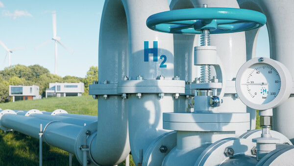 Eine Rohrleitung für Wasserstoff. Im Hintergrund stehen Windkraftanlagen.