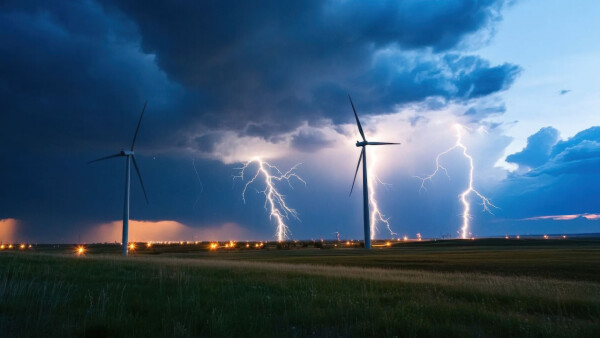 Windenergieanlagen auf einem Feld bei Gewitter mit Blitzen, die auf dem Boden einschlagen.