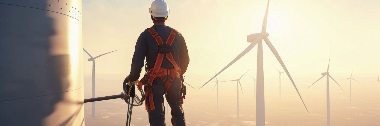 Das Bild zeigt einen Arbeiter in Schutzkleidung mit Helm und Sicherheitsgeschirr, der auf einer Plattform an einer Windkraftanlage steht. Er blickt in die Ferne, wo sich mehrere Windräder über eine weitläufige Landschaft erstrecken.